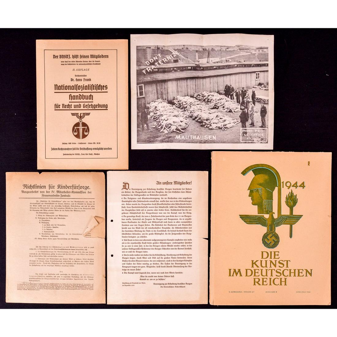 Lot of WWII German Photos and Paper: Lot of WWII German photos and papers. Includes a photo taken from a concentration camp, misc. papers and a book on German art printed in 1944. Book is in excellent condition and the photos and papers