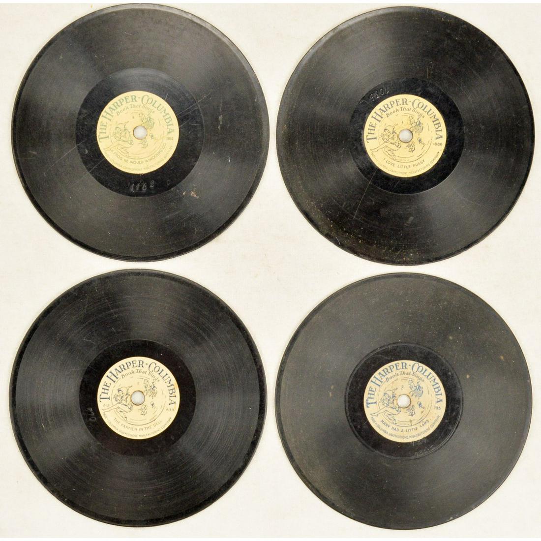 The Harper Columbia 1 Sided Records: The Harper Columbia 1 sided 5.5 " records. Includes No. 735, No. 1086, No. 1162, and No. 670. All records are in used condition. See photos.