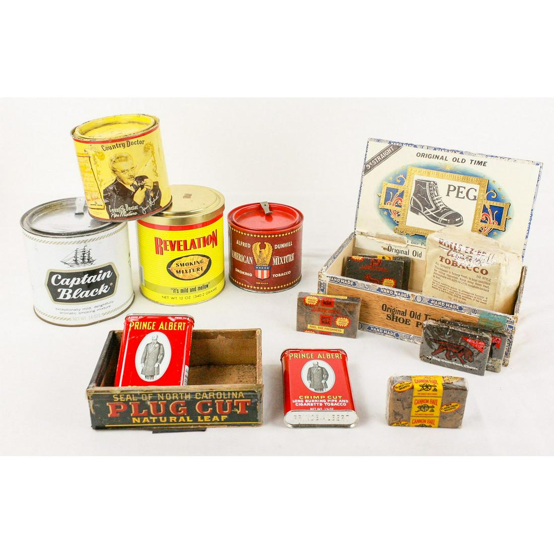 Lot of Vintage Tobacco and Tobacco Tins/Containers: This lot contains multiple tobacco tins, packaged tobacco, and tobacco boxes. See photos.