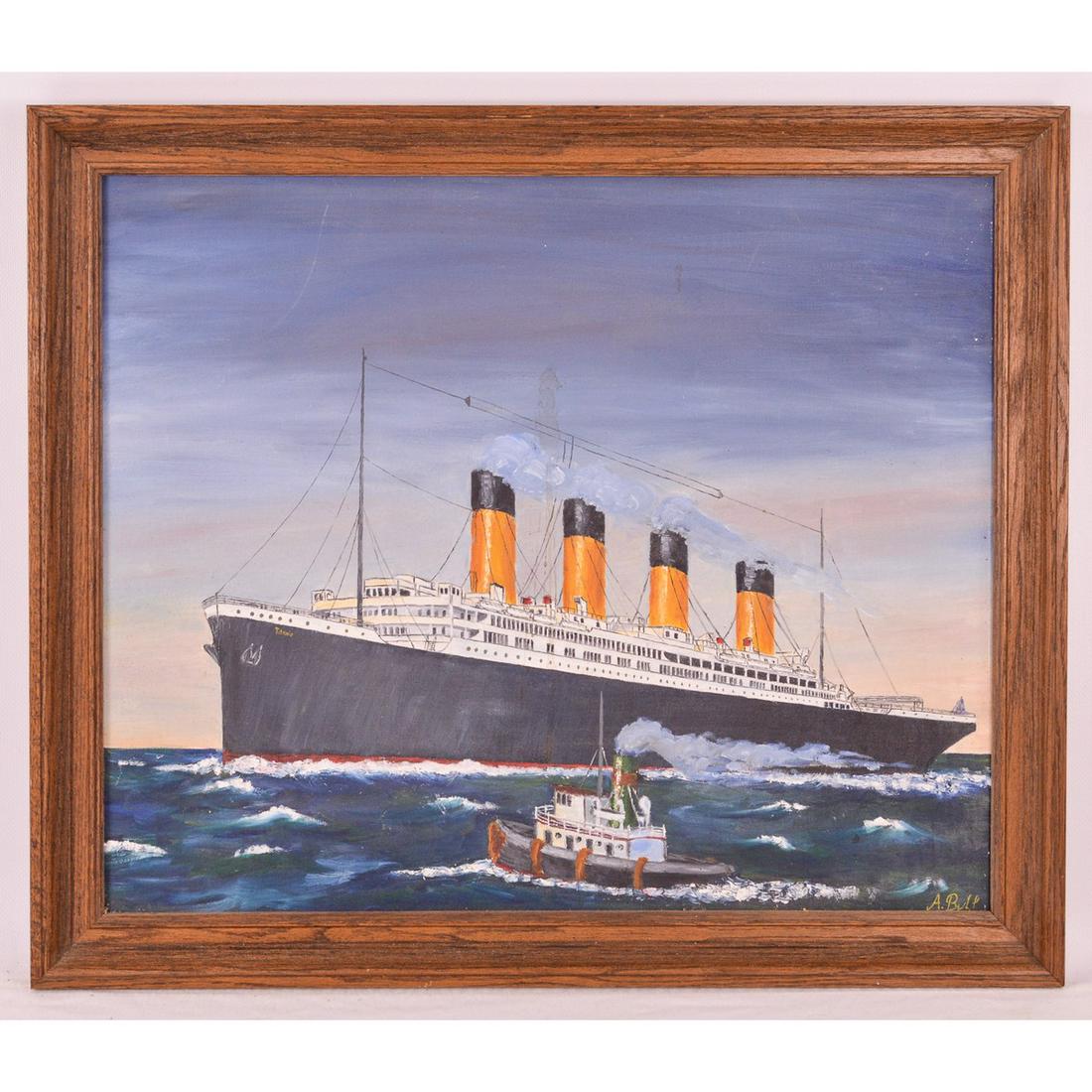 1950's Framed Titanic Oil on Board Art: A framed oil on board painting of the infamous RMS Titanic out at sea with a tug boat in the foreground. Artist signature in bottom right reads "A. Bult". Painting has a stain in the center with drips
