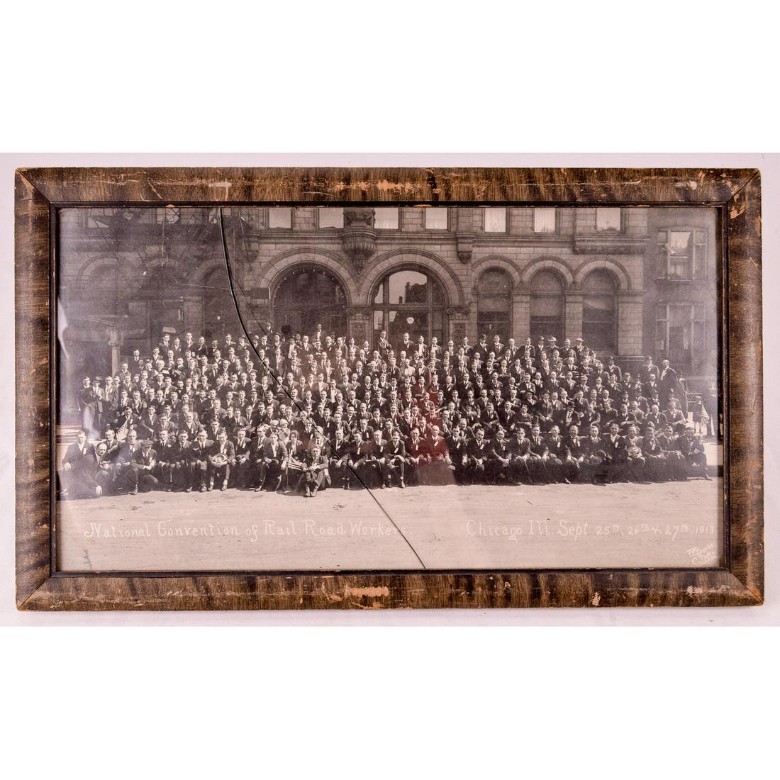 National Convention of Railroad Workers Photo: Framed photo of the Chicago National Convention of Railroad Workers, September 25th, 26th, 27th 1919. Photo has over 200 men and at least 1 woman and 2 children all in the photo with some holding Amer