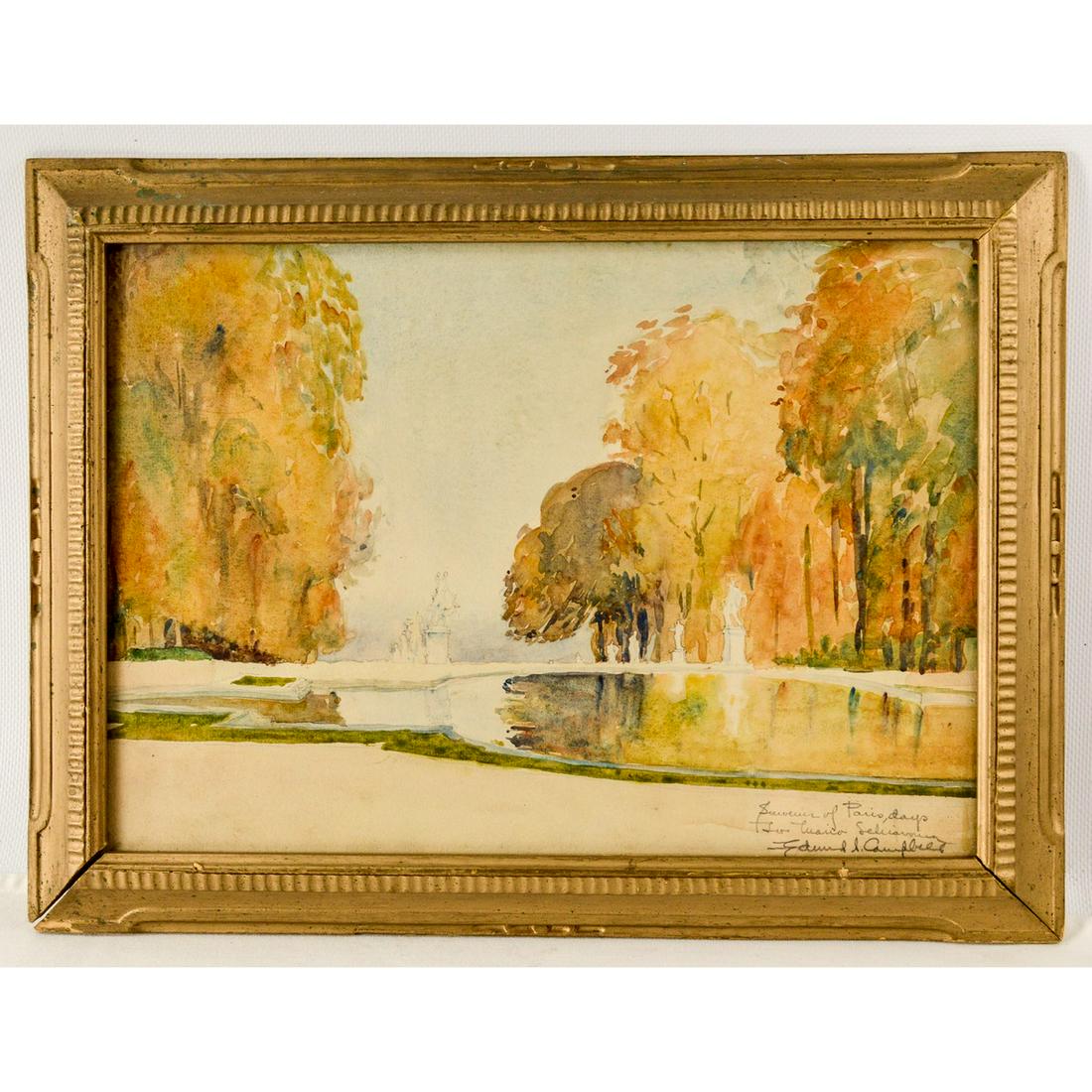 "Souvenir of Paris" Edmund Campbell[1884-1950]: Framed watercolor painting on paper. Signed lower right. Painting measures 10"T x 14"W, frame measures 14"T x 17"W. Frame is broken. Painting is in good condition.