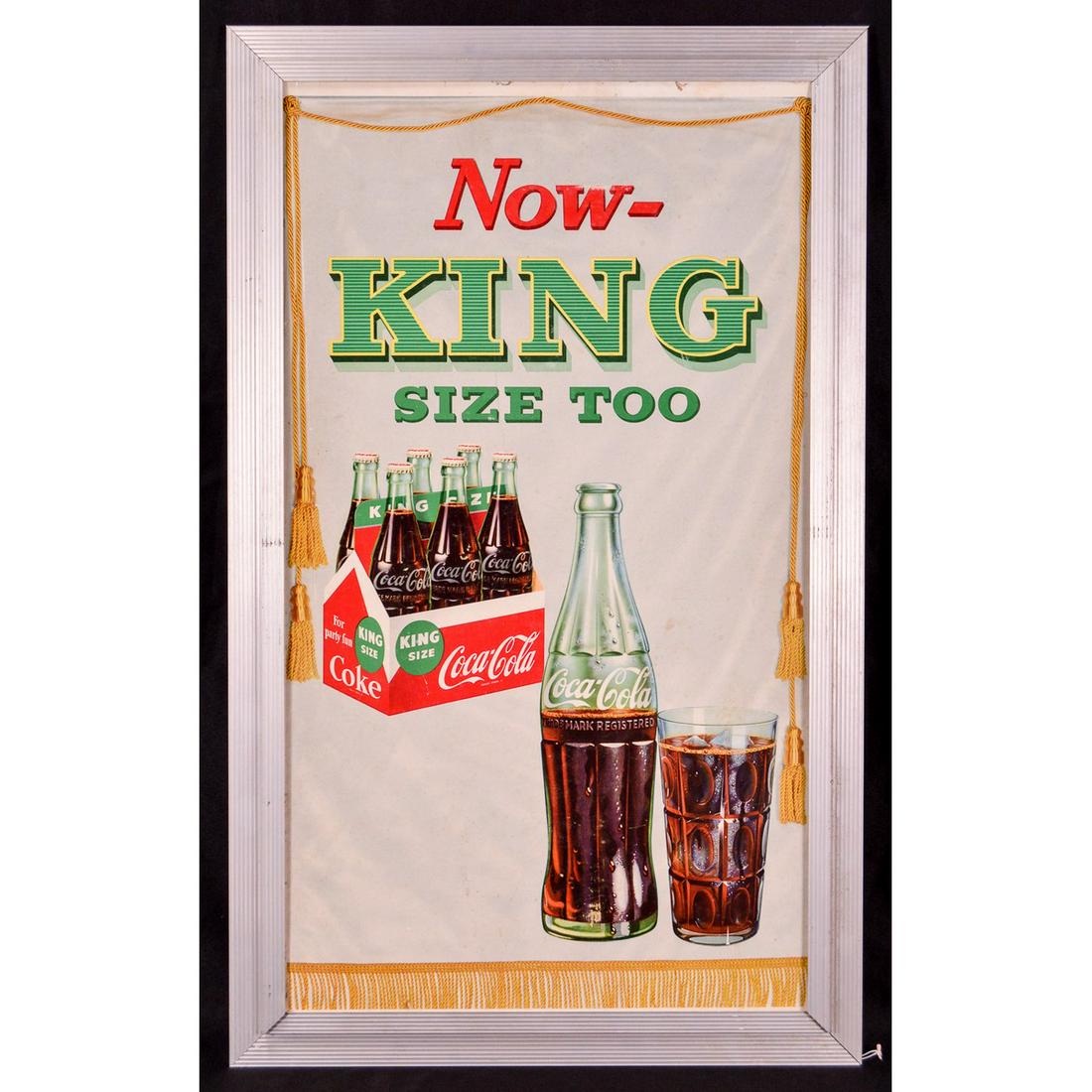 Coca-Cola Framed Litho Ad - King Size: Framed Coca Cola litho ad for the king sized Coke bottles. Ad was made in 1958 and shows a 6 pack of the king sized bottles and a half empty one near a full regular Coke glass. Ad has some minor scuff