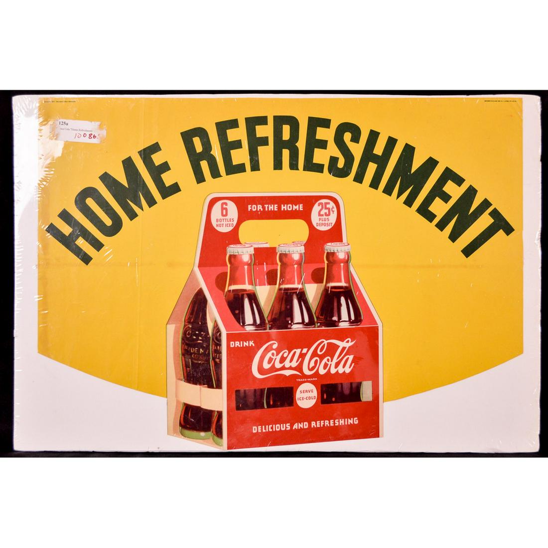 Vintage Coca-Cola " Home Refreshment" Ad: An advertisement for Coca-Cola "Home Refreshment" depicting a 6 pack of Coca-Cola. Advertisement is shrink wrapped and is slightly dirty though in very good condition. Top left corner reads "Copyright