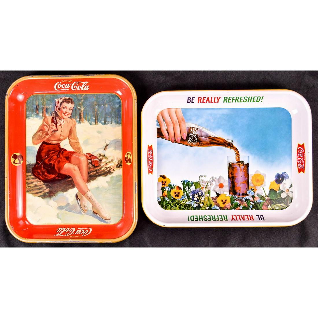 Lot of Coca-Cola Trays & Books: Lot of 3, one bunch of new old stock vintage Coca Cola note books, most likely for school. One 1941 Coca Cola serving tray depicting a woman ice skating drinking a bottle of Coke. Tray in fair to good