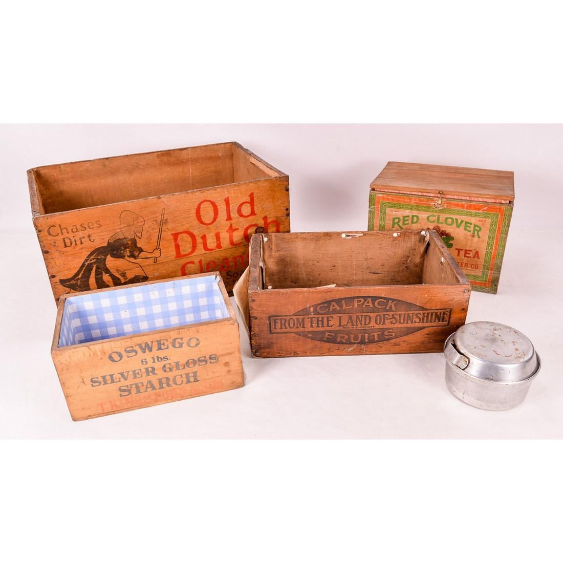 Lot of 5 Advertising Display Boxes: Lot contains 5 wooden boxes advertising various items and companies including Red Clover Japan Tea, Oswego Silver Gloss Starch by T. Kingsford & Son, CalPack Fruits, Old Dutch Cleaner by Cudahy Soap W