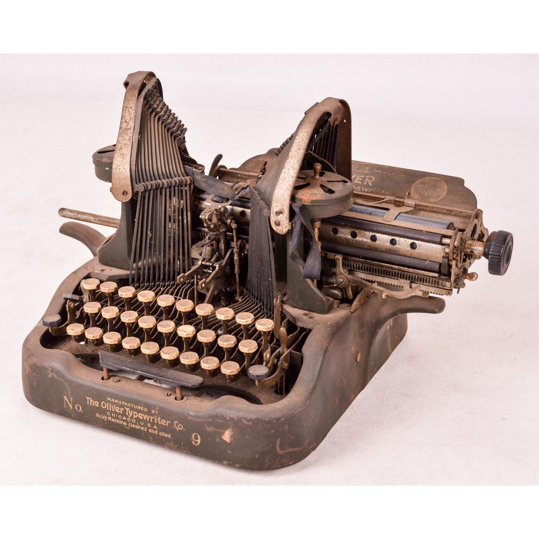 Oliver Typewriter Co. No. 9 Typewriter: A No. 9 typewriter made by the Oliver Typewriter Company of Chicago, IL. Typewriter is in as found condition with some rust and some keys not functioning properly. A fair candidate for restoration or