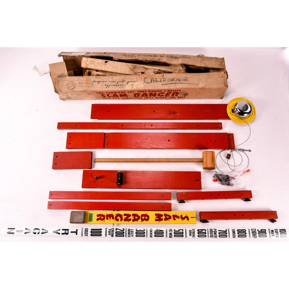 Vintage Toy Carnival Slam Banger "High Striker": A very unusual toy as we have not seen another one. N.O.S. in the original box and paper wrapping, dated 1953. The box as you can see has some condition issues so we took everything out to make sure t