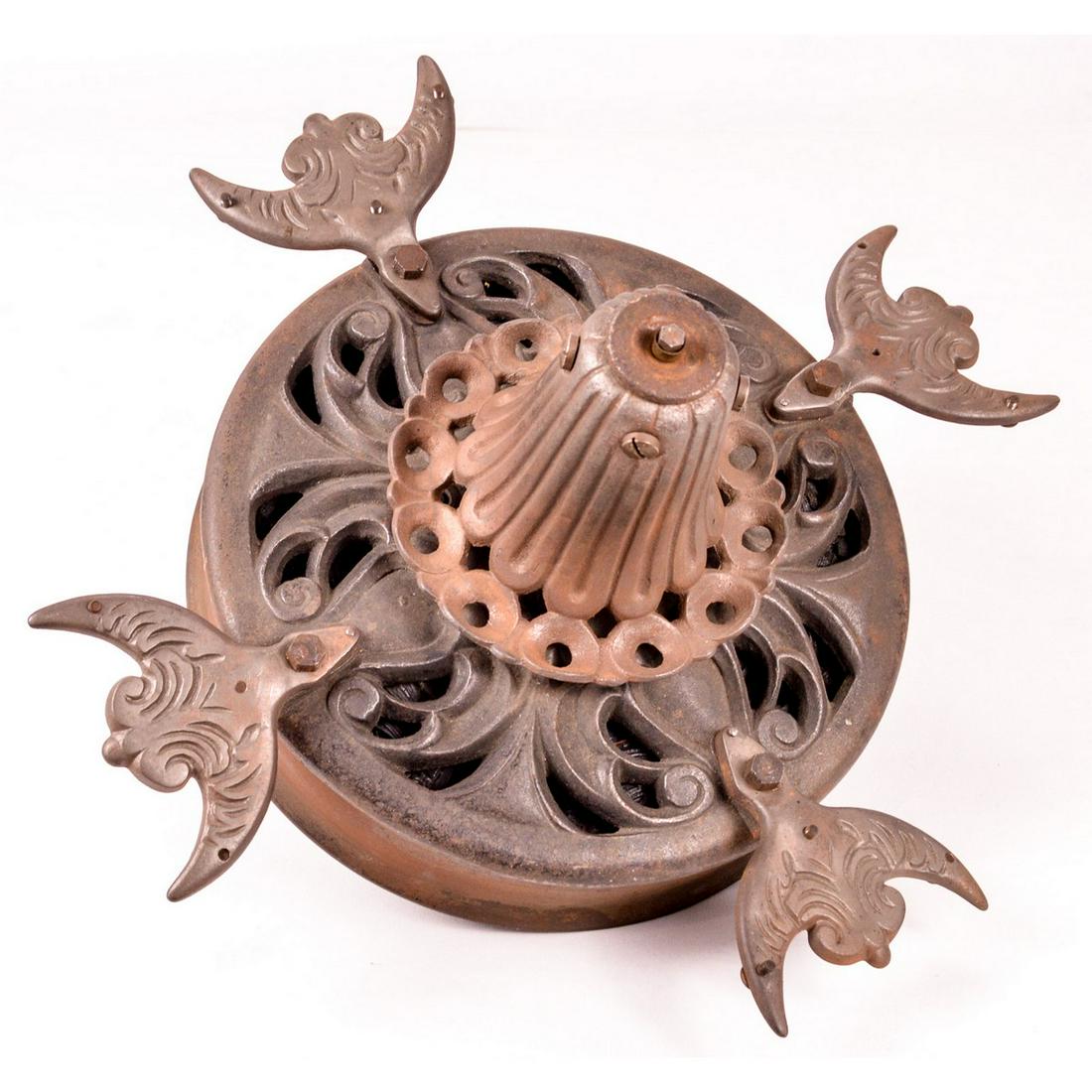 Vintage Century Electric Ceiling Fan Motor: This desirable antique fan motor with its impressive heavy and highly decorated iron castings. Made by Century Electric Company of Saint Louis. Has 4 original blade brackets. Appears to be reasonably 