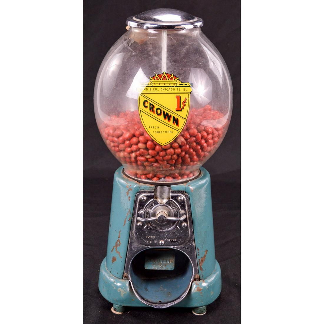 Vintage King & Co. Crown 1 Cent Gumball Machine: A vintage Crown 1Cent gumball machine made by King & Company of Chicago 12, ILL. Gumball globe has prominent Crown decal on front with company name. Gumball machine has teal painted base with some wea