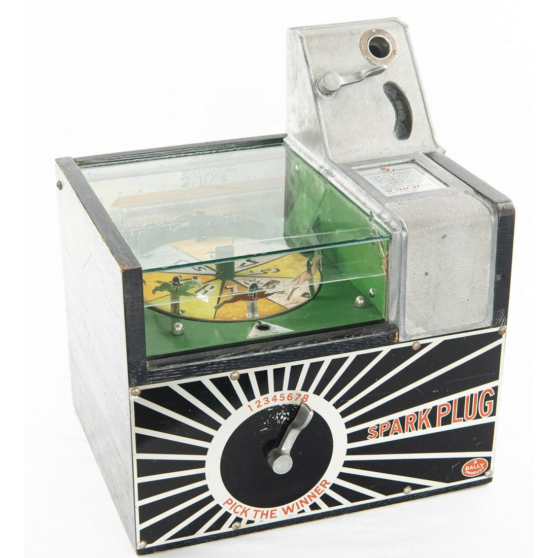 Bally 5 cent Coin Op Horse Race Trade Simulator: Vintage 5 Cent Trade Stimulator, skill game manufactured by "The Bally Company". Game is called "Sparkplug" and is not only a luck, but somewhat a skill game looks to be in very good original working