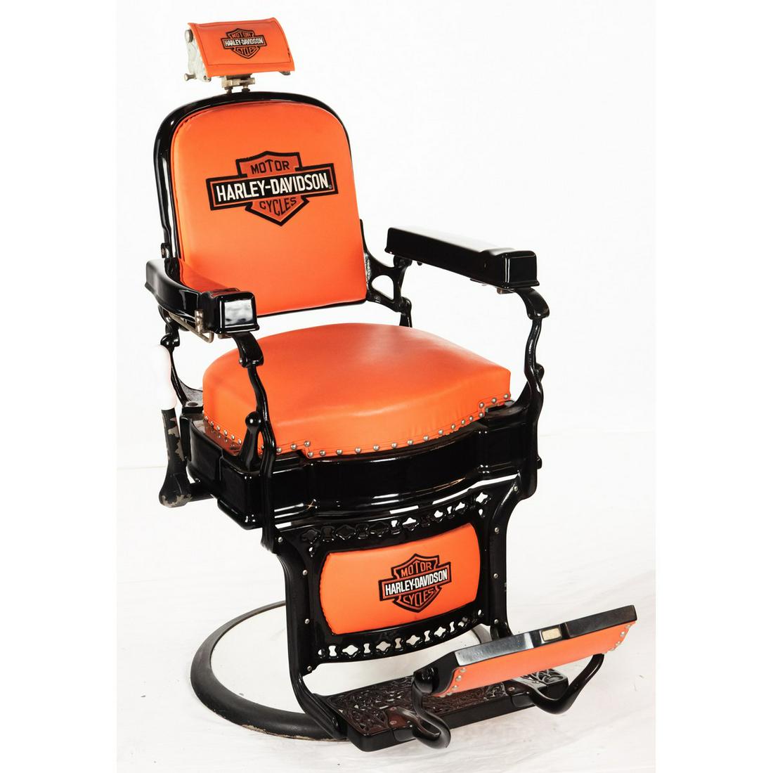 Harley Davidson Restored "Koken" Barber Chair: Nicely restored porcelain "Koken" barber chair with (normally missing) headrest orange vinyl material with brass button trim. Harley Davidson material patches. Overall in good condition. Razor strop s