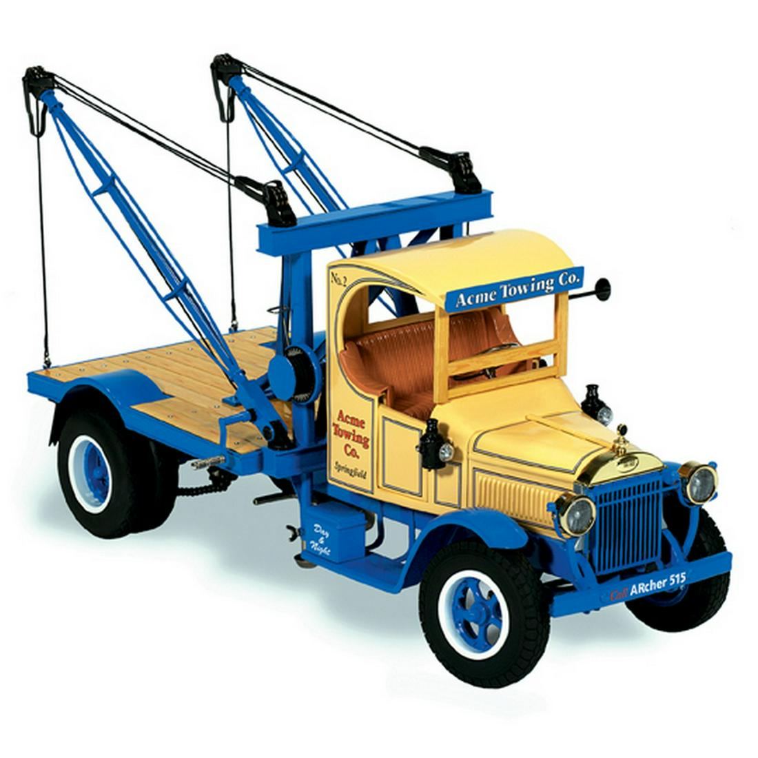 Retro 1-2-3 Acme Towing â€œDbl Boom” Wrecker NIB: Manufactured by Retro 1-2-3 in 2003, this 1:8 scale pressed steel model has never been opened and actually still has one of its original yellow banding straps. The model includes working rotating boom