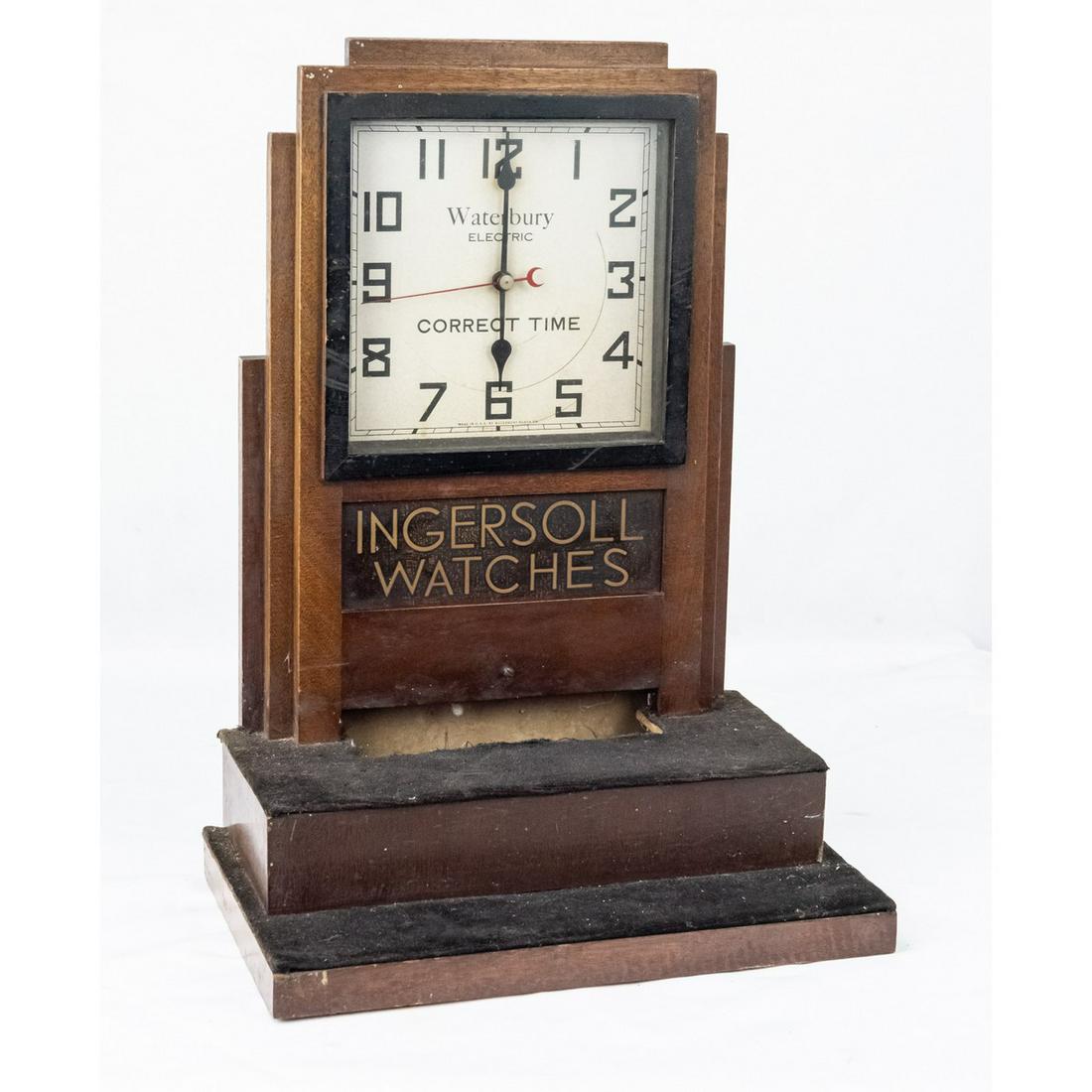 Ingersoll Waterbury Electric Clock Display: Electric clock made by Waterbury Clock Co. some time in the 1930s. This would have been used to display Ingersoll watches in stores. Ingersoll went bankrupted in 1921 and was sold to Waterbury. Clock 