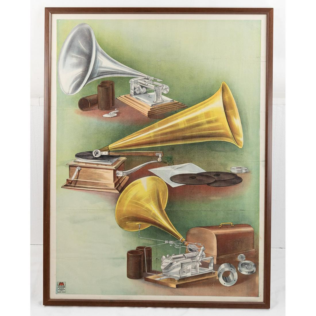 Framed Phonograph Advertising Poster: Large phonograph poster showing 3 different models of cylinder and record phonographs. Lower left corner reads Stafford and Company Netherfield. Poster comes professionally framed, measuring 41"T x 31