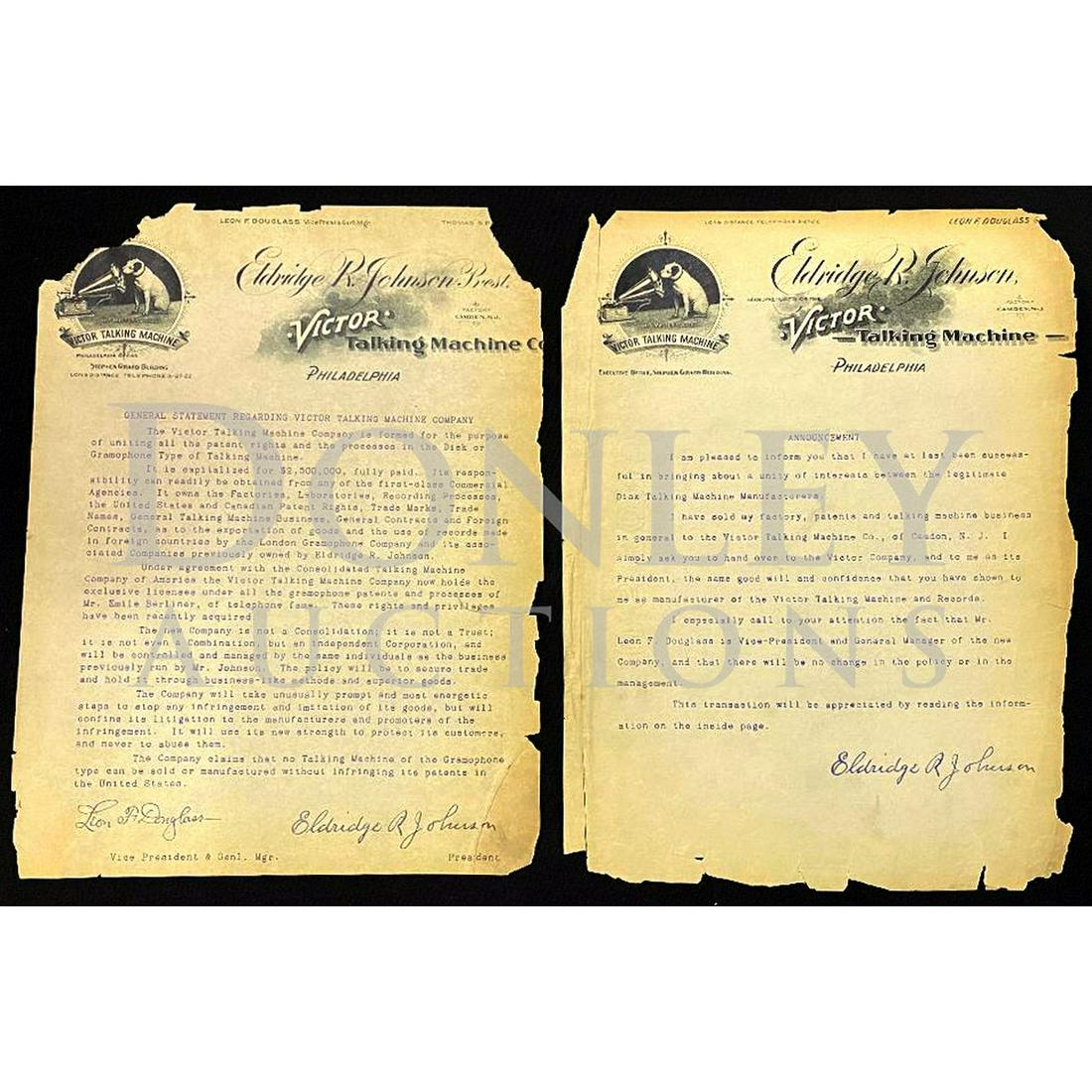 Victor Eldridge Johnson Talking Machine Letters: Two original documents discussing the formation of the Victor Phonograph Company. Both are mimeographed on Eldridge Johnson Victor Talking Machine stationary, both undated. One letter discussed that M