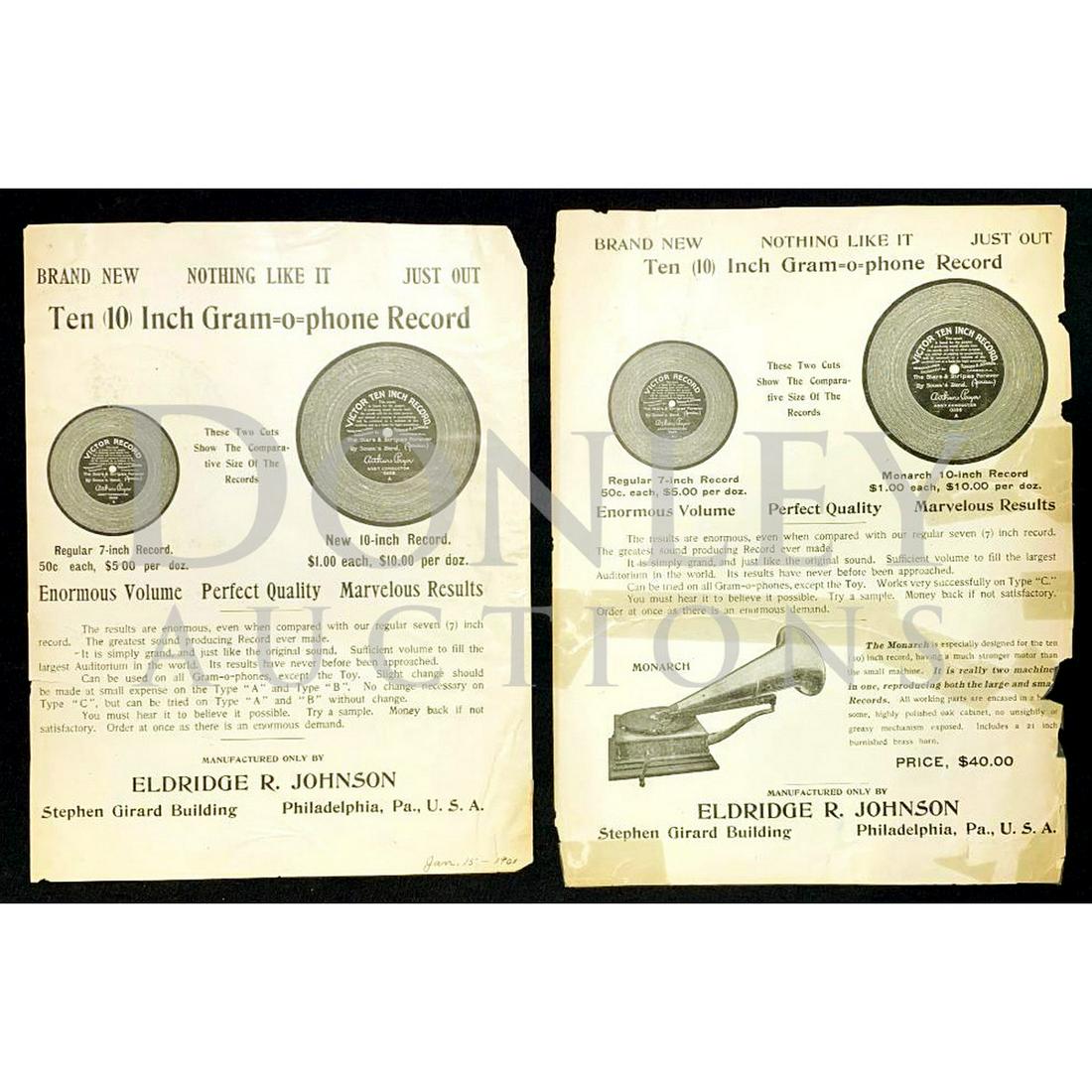 Eldridge Johnson Victor Record Literature: Two original advertisements for Eldridge Johnson/Victor Records. One hand dated, January 15th, 1901 in lower right corner. Both pieces of literature have corner and edge issues, see photos.