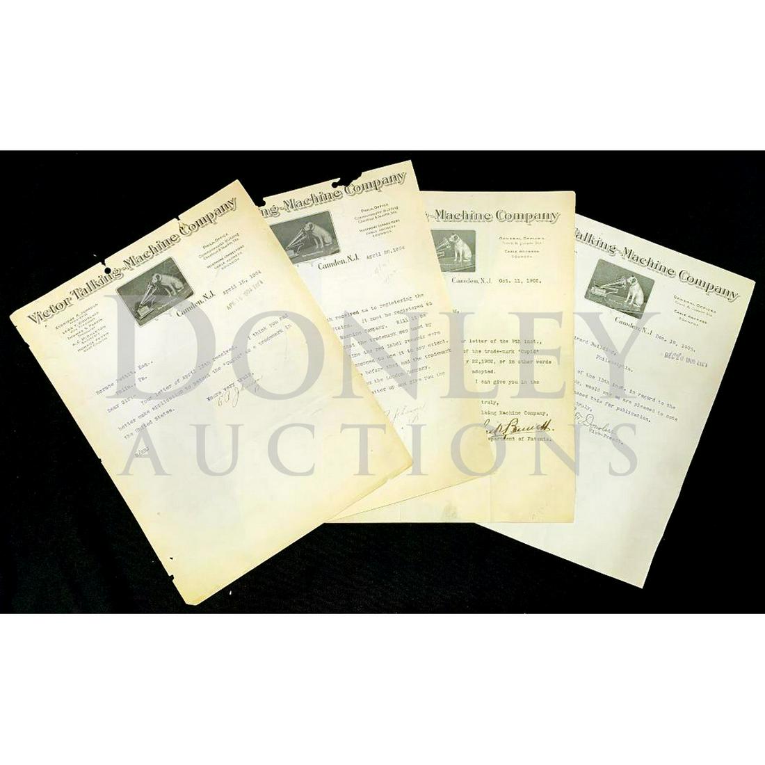 Eldridge Johnson Victor Phonograph Literature: Four original documents on Victor Talking Machine Company stationary discussing the word "Cupid" to be trademarked for use by Victor. All letters dated between 1904-1905 and have edge issues, see phot