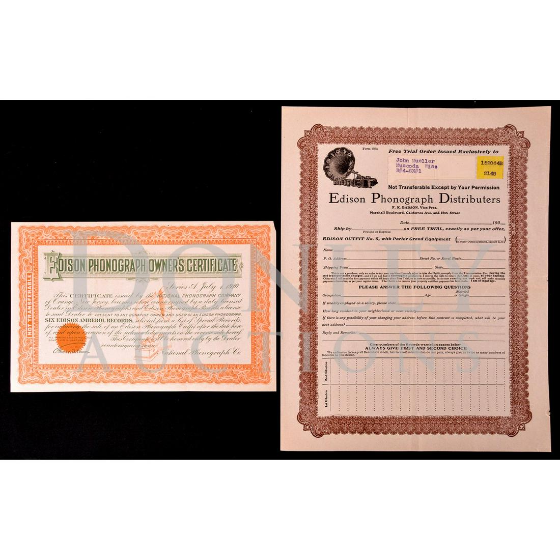 Edison Phonograph Literature: Three original pieces of Edison literature, including Edison phonograph distributors blank order form, Edison phonograph owners certificate from the National Phonograph Co dated 1910 and a receipt fro