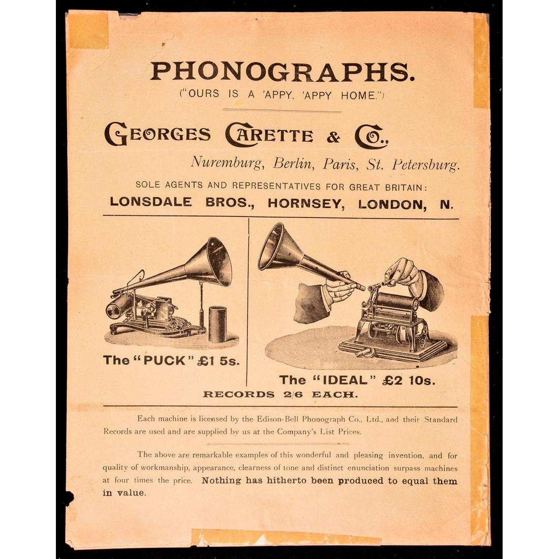 Puck & Ideal Cylinder Phonograph Literature: Original phonograph literature for Puck and Ideal phonographs. 2 pages, taped together, inside has no printed message. Some minor edge loss and tape discoloration, see photos.