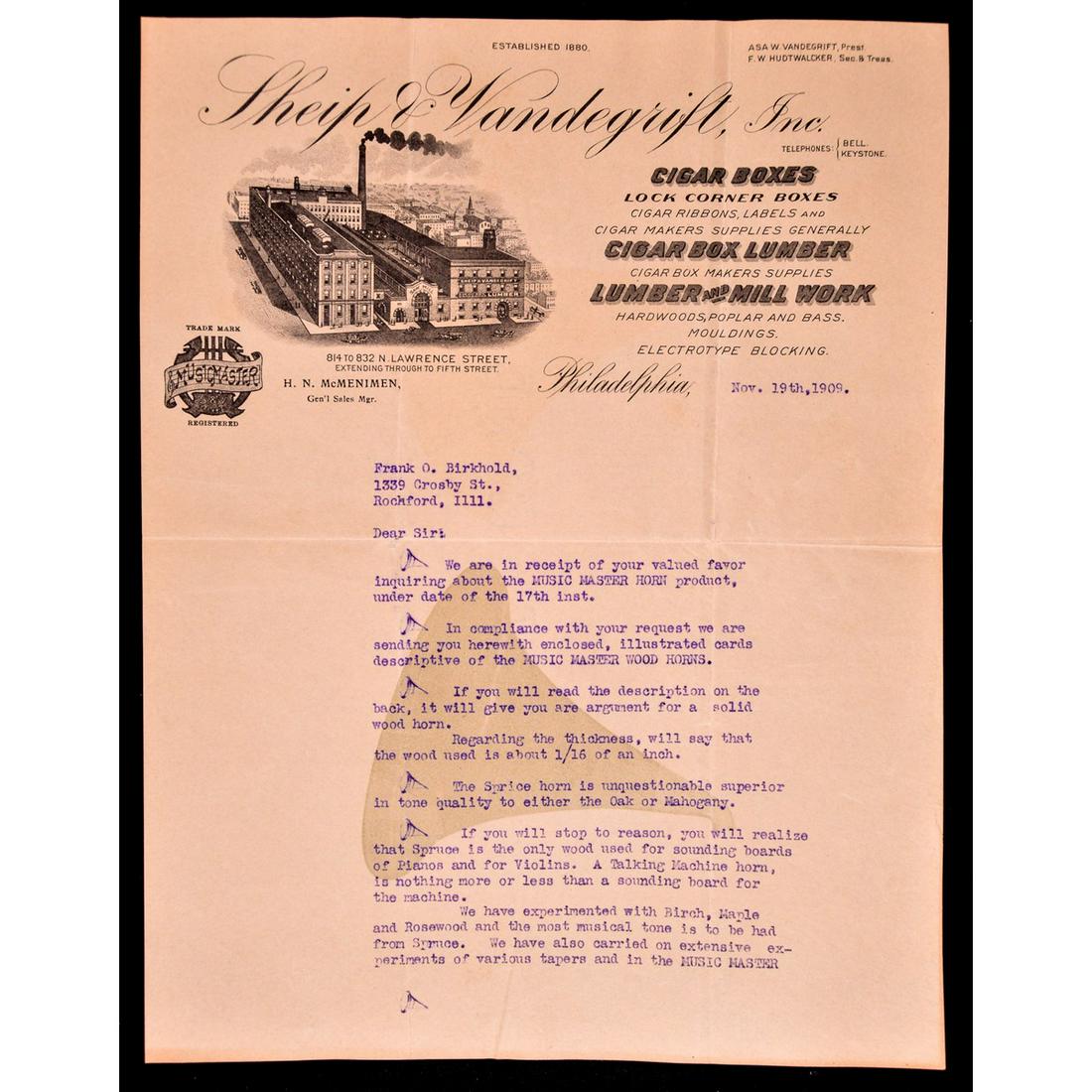 Music Master Phonograph Horn Literature: Original, 2 page typed letter on Sheip & Vandegrift Inc Mfg. letterhead of Music Master horns as well as cigar boxes. The letter is an answer to an inquiry about the Music Master horns. Dated 1909. In