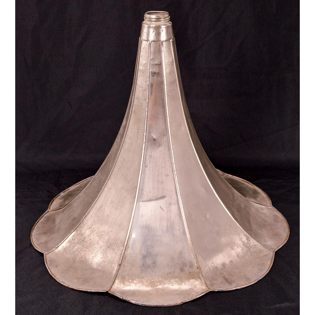 Phonograph Horn Nickel-Plated 9-Panel Screw-In: Horn, nickel-plated, 9-panel screw-in (Columbia or Reginaphone, etc.), nickel is bright, horn in average to above average condition. 21” bell x 17” long.