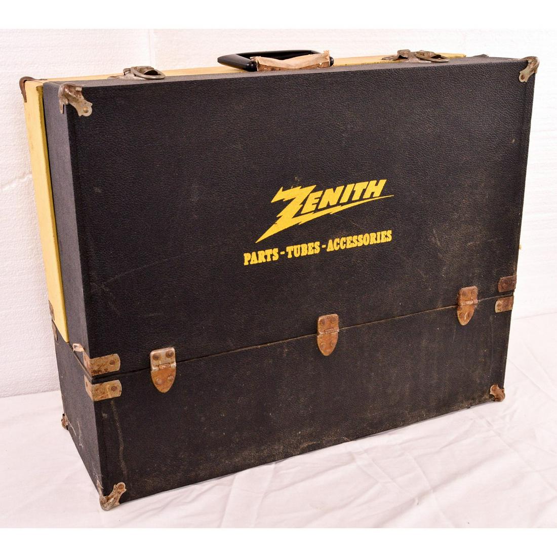 Zenith Tube Caddy: Zenith Tube Caddy with what appears to be new old stock tubes in the original boxes filled inside the caddy. Nice display piece and in good condition. Approx. size 22" L x 8" W x 18" H. Untested. See
