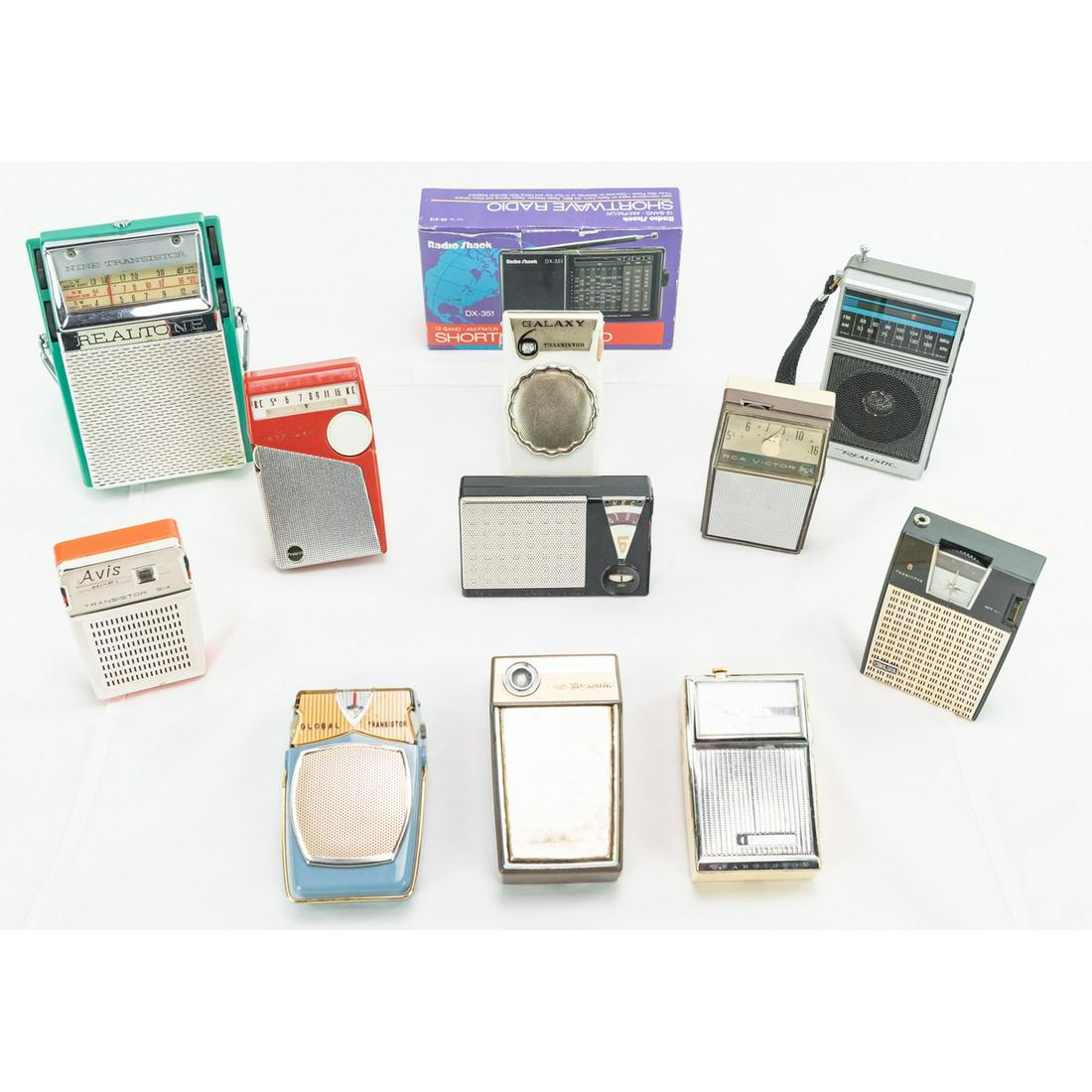 12 Transistor Radios: NEC NT620, Realtone TR970, Bulova with clock, Westinghouse H732P7 with crack on on both front and back, Penney's 6TP243, RCA 3RH34, Global GR711, Avis AS615, Galaxy unknown model, Chelsea unknown mode