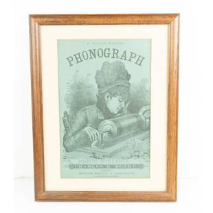 Framed 1878 Sheet Music Titled "Phonograph": Black on light blue stock sheet music cover featuring a woman listening to a Bergmann style tin foil phonograph. "Phonograph" was written by Charles Dupee Blake in 1878 for the piano in celebration