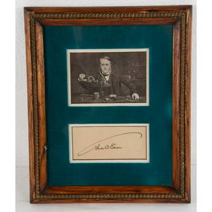 Framed Print & Signature Of Thomas Edison: Framed print and cut signature in an old mount. B&W print measuring 5.5" wide X 3" tall of a young Edison listening to a North American cylinder machine through ear tubes. Signature is the iconic