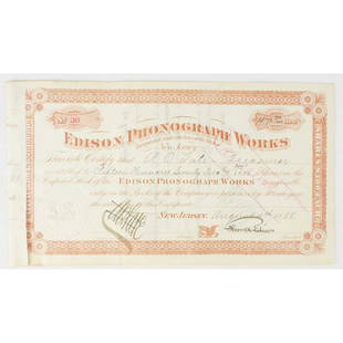 Edison Phonograph Works Stock Certificate: An extremely important and rare stock certificate No. 30 for 1,572 and 917/1000 shares at $100 per share of the Edison Phonograph Works of New Jersey. That is for $157,200 in 1888, worth over 4.4