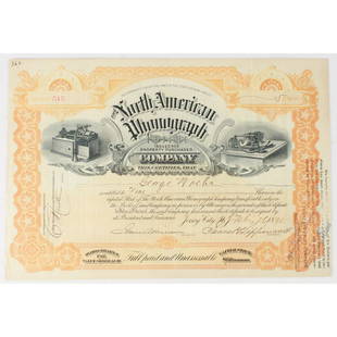 North American Phonograph Co Stock Certificate: An original stock certificate for 5 shares at $100 each for the North American Phonograph Co. Certificate No. 515 issued to George Woehr on Feb 26, 1890 and signed by Jesse H. Lippincott as
