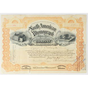 North American Phonograph Co Stock Certificate: An original stock certificate for 25 shares at $100 each for the North American Phonograph Co. Certificate No. 501 issued to George F. Codington on Feb 24, 1890 and signed by Jesse H. Lippincott as