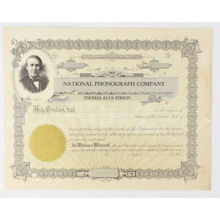 National Phonograph Co Stock Certificate: Unissued certificate features a portrait of Thomas Edison. This short lived company was the successor of the failed North American Phonograph Co. and in 1911 would merge into Thomas A. Edison, Inc.