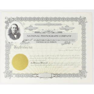 National Phonograph Co Stock Certificate: Unissued certificate features a portrait of Thomas Edison. This short lived company was the successor of the failed North American Phonograph Co. and in 1911 would merge into Thomas A. Edison, Inc.