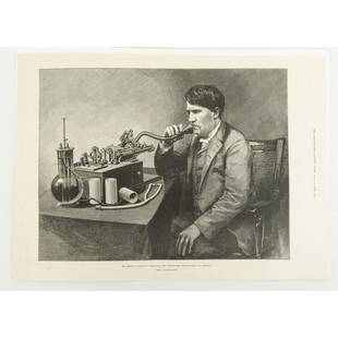 1888 Litho of Thomas Edison With Phonograph: From the Illustrated London News, August 4th, 1888, page 113, is a black and white etching of a seated Thomas Edison speaking into a Class M phonograph. In overall very good condition. Actual image