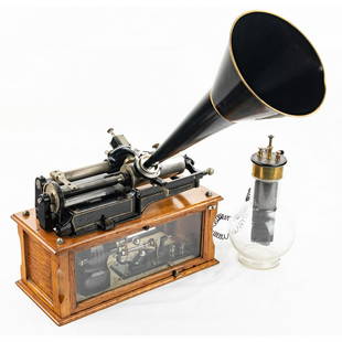 Edison Electric Class M Cylinder Phonograph: Extraordinary combination of an Edison Class M Top Works combined with a beautifully crafted early electric motor. Edison Class M top SN 100108 with nickel mandrel and shaver. Reproducer is an A