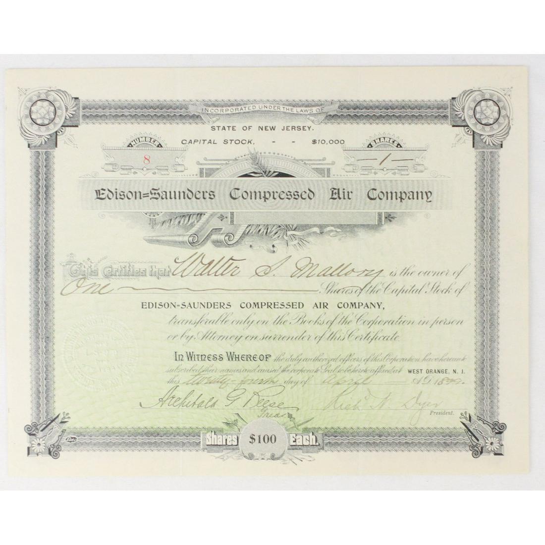 Edison Saunders Compressed Air Co Stock Cert