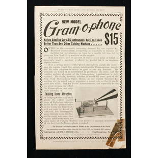 National Gram-O-Phone Magazine Ad: Full page ad circa 1900 in Munsey's Magazine for the New Model Gram-o-phone for $15. Has old tape repair to bottom right corner. Measures 6" wide, 9.25" tall.