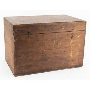 Berliner Phonograph Wood Storage Box: Original wood storage box for a Berliner phonograph. Built with miter corners. Original finish, hinges and latches, with one hook missing an eye. Has several shrinkage cracks and minor water staining