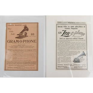 3 Original National Gram-O-Phone Advertisements: Includes an ad for a Berliner hand wind disc phonograph for $15 and solicitation for agents to sell the machines by National Gramophone Co., NY, Frank Seaman Proprietor. Ad probably cut from