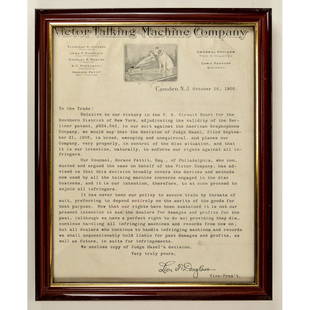 Victor Talking Machine Co Letter To Dealers: Framed under glass, 8.5x11" letter from Victor Talking Machine Co, dated October 26th, 1905. Sent to dealers announcing that the judge upheld the Berliner patent 534543 against the American