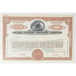 Victor Talking Machine Co. Stock Certificate: Unissued certificate marked SPECIMAN 00000 for Convertible Preferred shares in the Victor Talking Machine Co. In excellent condition. Measures 11.25" wide X 7.25" tall