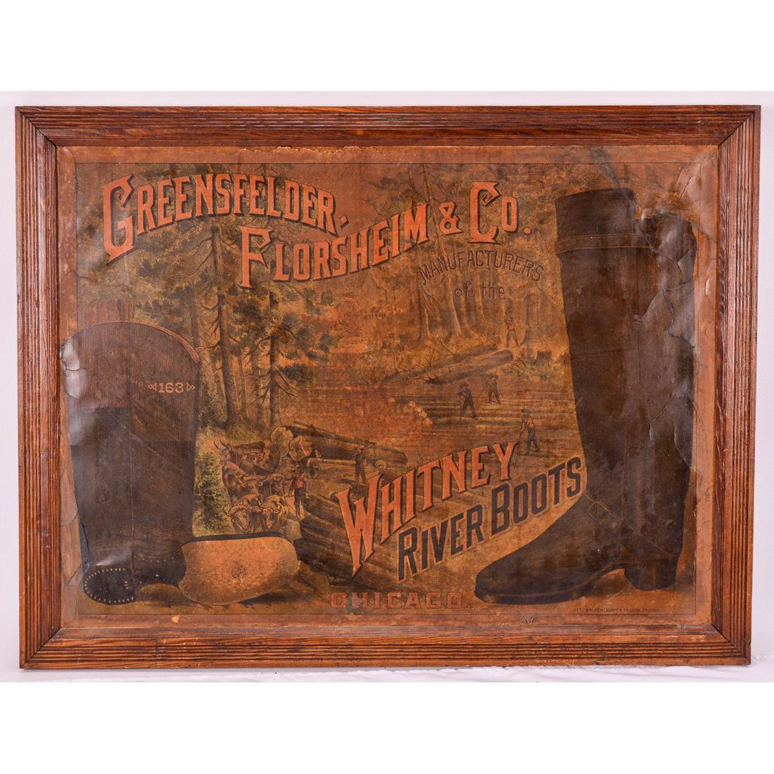 Greensfelder Florsheim & Co Boot Framed Ad: Greensfelder Florsheim & Co Boot Framed Ad, tag on back reads "This picture hung in the Ed Meyer Grocery Story in New Albin, Iowa.", some flaking, cracks in paper, small hole near the word "the". Fade