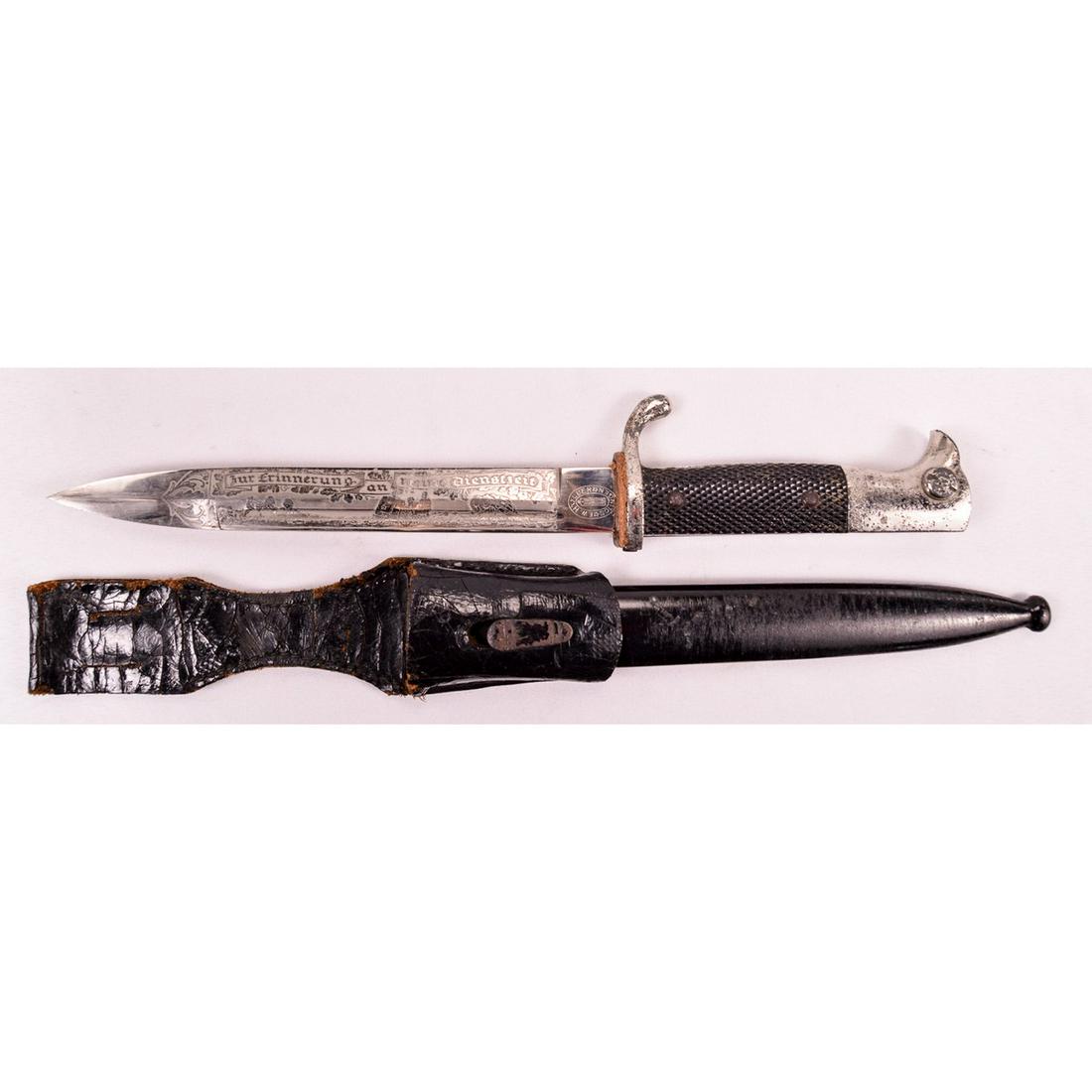 WWII German Etched Bayonet: WWII German Etched Bayonet, this one has an awesome etching on it, must have belonged to an infantry soldier, has all the bells and whistles, a tank, machine gunners and a cannon, one of the best etch
