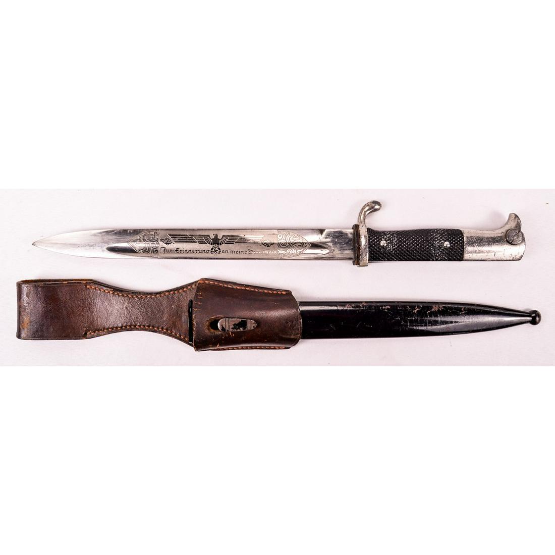 WWII German Etched Bayonet: WWII German Etched Bayonet, a nice etched bayonet handle has a crack on both sides, etch is nice, maker marked with a Fisherman and Solinger.