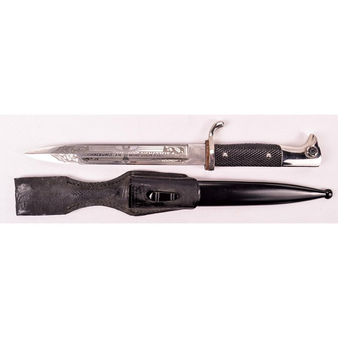 WWII German Etched Bayonet: WWII German Etched Bayonet, a rare and beautiful etched bayonet, made by E. Pack & Sohn, both the bayonet and scabbard are in excellent condition, these are getting harder to find.