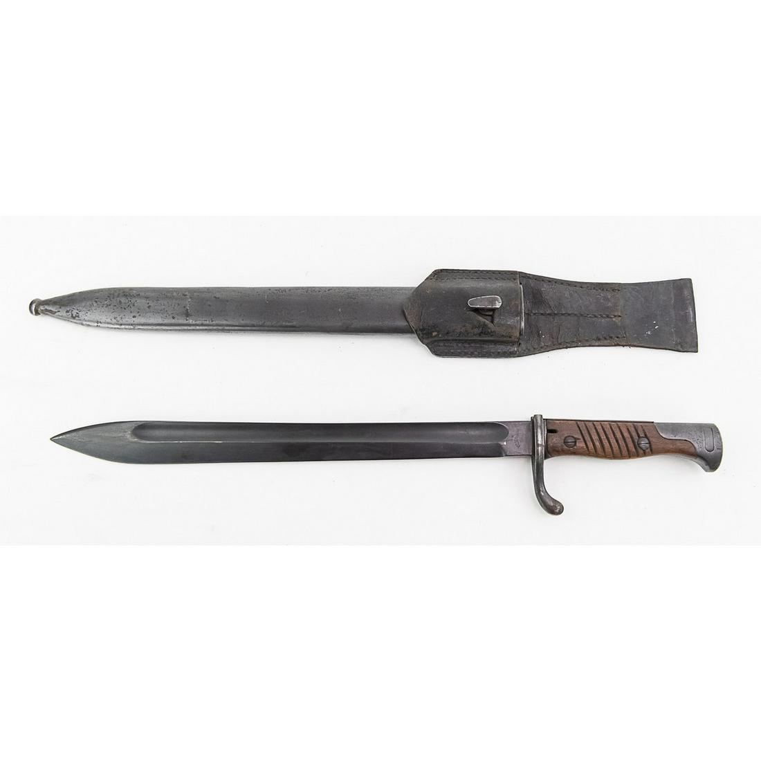 WWI German Butcher Bayonet: WWI German Butcher Bayonet marked on spine "crown over w 14 arsenal" stamp, blade maker stamped V.C. Schilling Suhl, excellent blade, frog is maker stamped G.J. Ensink@Co.ORHDRUF.