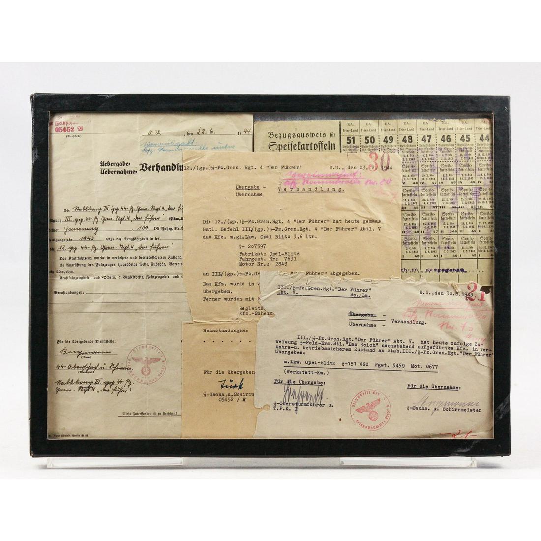 WWII SS Panzer Division Paper Group: 4 documents from the infamous SS Panzergrenadier Regiment 4 dating from August 3, 1943 until June 22, 1944.. All in good condition. See photos. The SS standard “Der Führer” , later (from 1939) SS