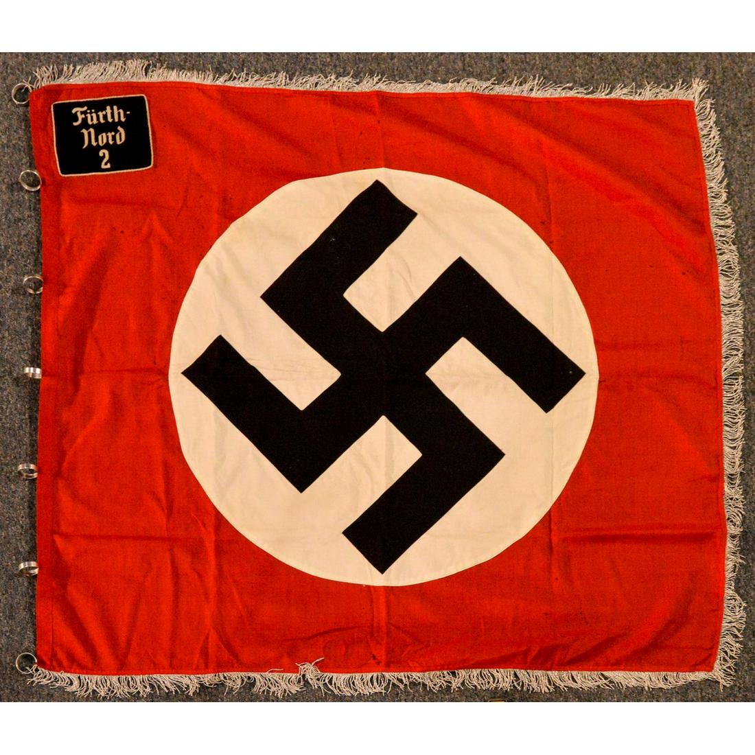 Nazi SA Storm Troop Gau Flag: NAZI â€œSA” Storm Troop Gau Flag â€œFurth-Nord 2”, black patch indicates SA Troop Berlin. Nice and complete with rings. Measures 50"T x 56.25"W.